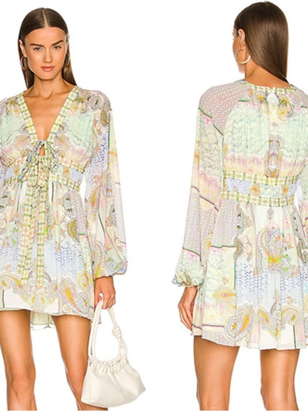 Alexis Rocco Tessi Pastel Paisley V-Neck Mini Dress in White and Mint